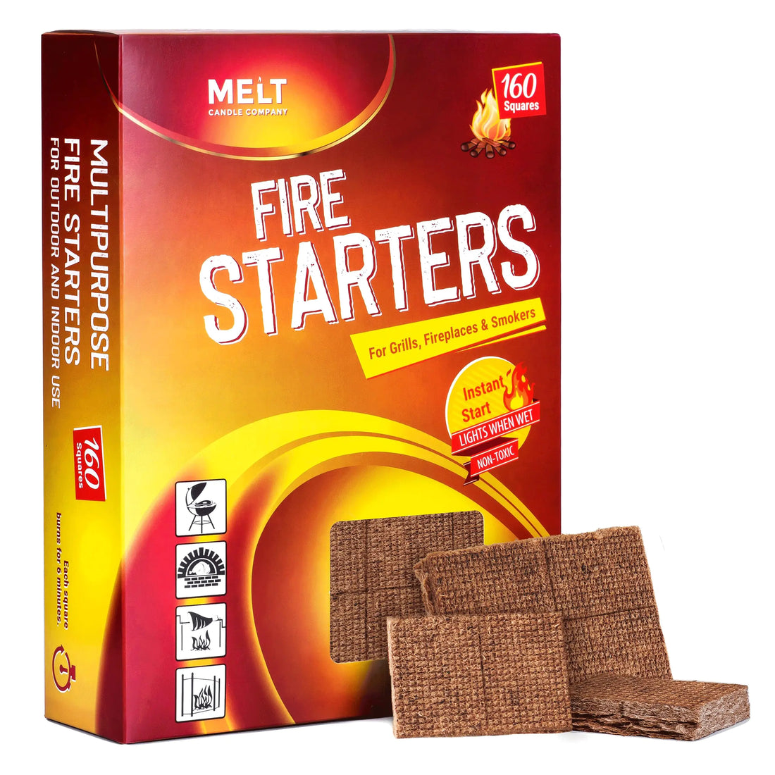 Fire Starter Squares 160 pcs - Fire Starters for Campfires Grill Outdoor Fire Pit Fireplace BBQ - Fire Starter Kit Water Resistant & Odorless - Camping Accessories
