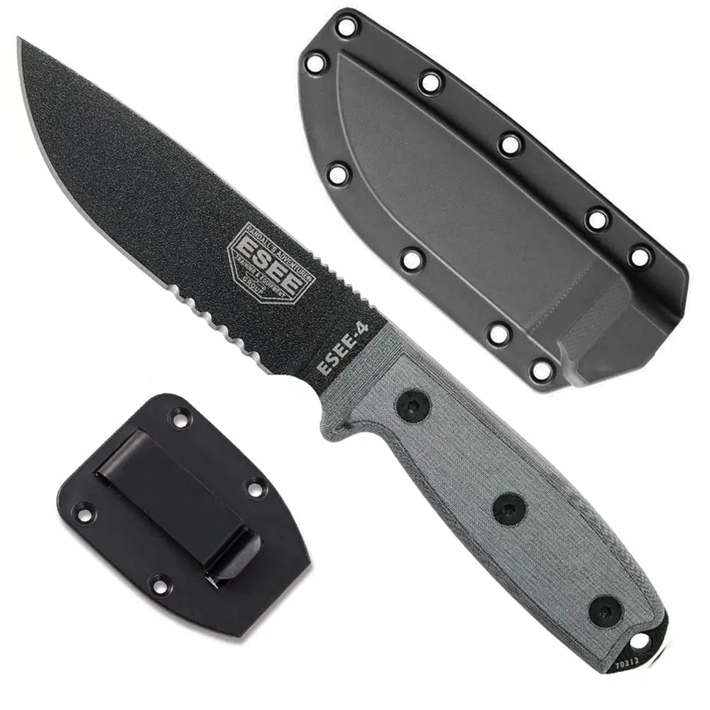 ESEE Knives Model 4S Survival Knife – Serrated Edge Fixed Blade Knife Includes Sheath - Field Tested Made in the USA