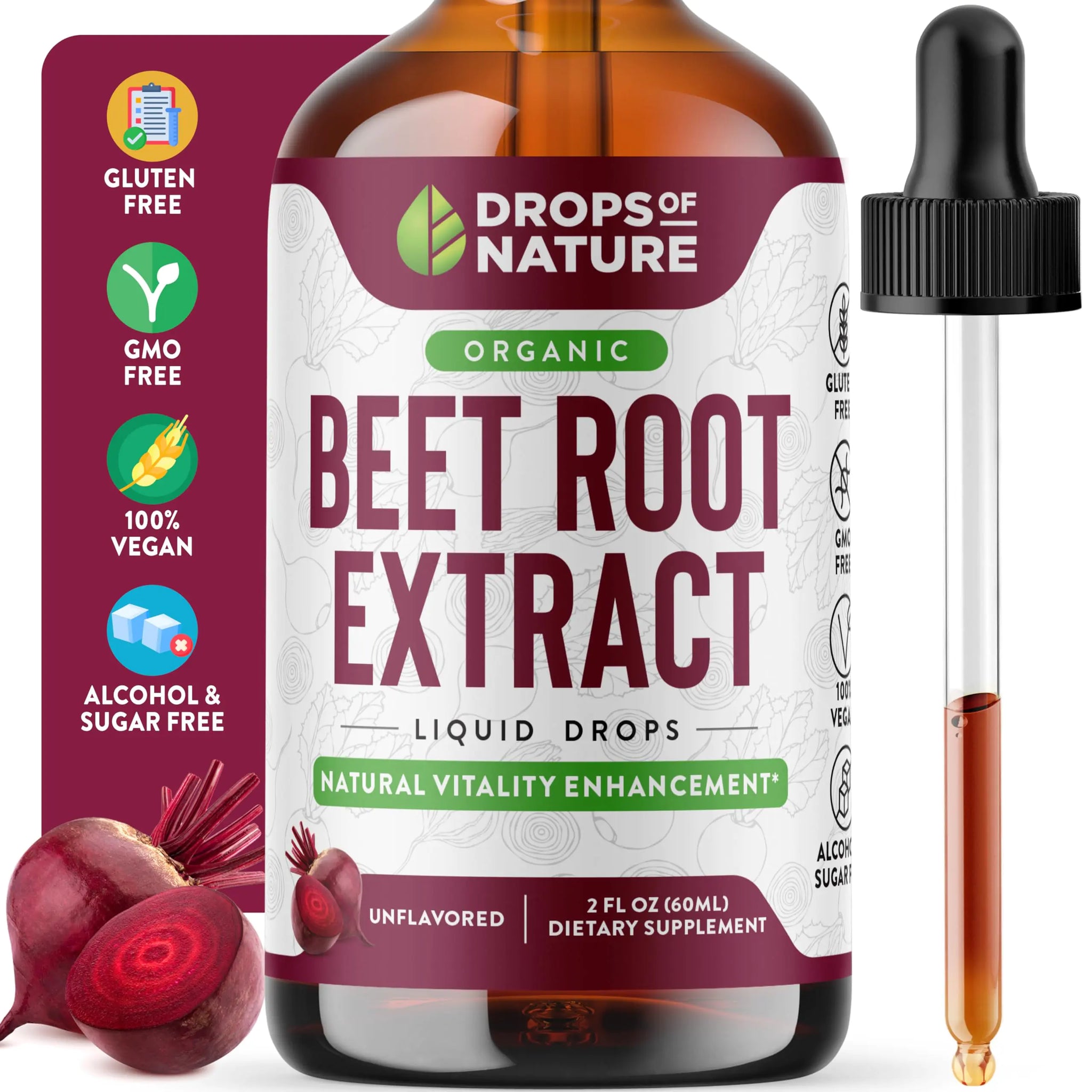 Beet Root Liquid Supplement - Made with Organic Beets Extract - Vegan and Pure - Higher Potency than Beets Chewables and Beet Root Capsules - Supports Energy Vitality & Circulation (Unflavored 60mL)