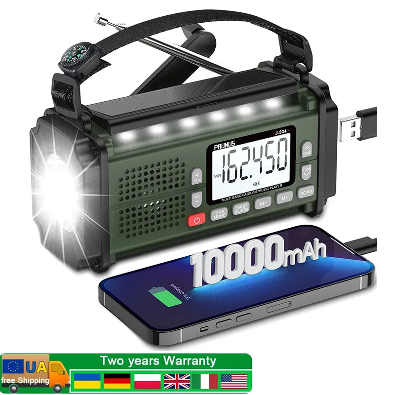 PRUNUS 924 10000mAh Hand Crank Solar NOAA Weather Radio with Power Bank