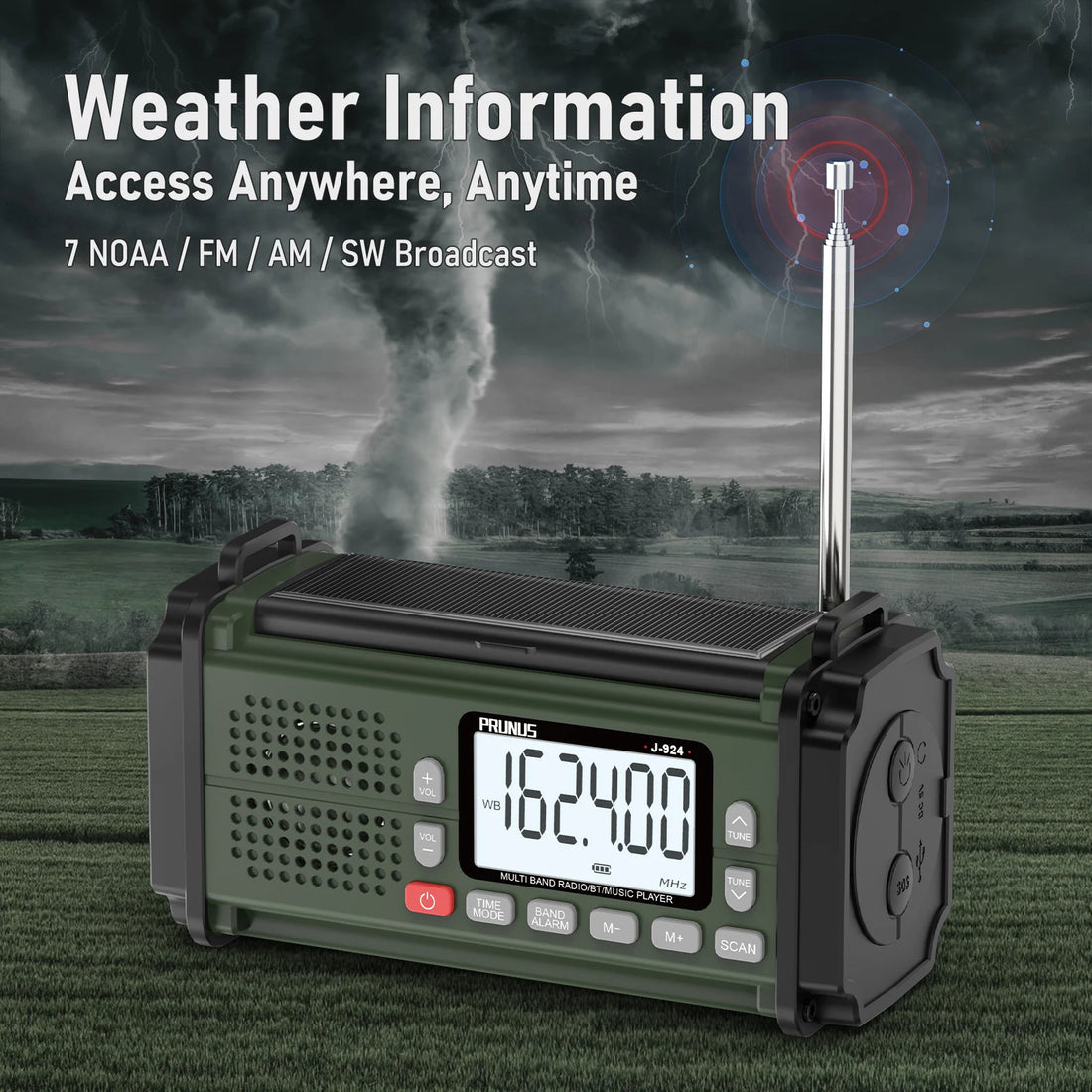 PRUNUS 924 10000mAh Hand Crank Solar NOAA Weather Radio with Power Bank