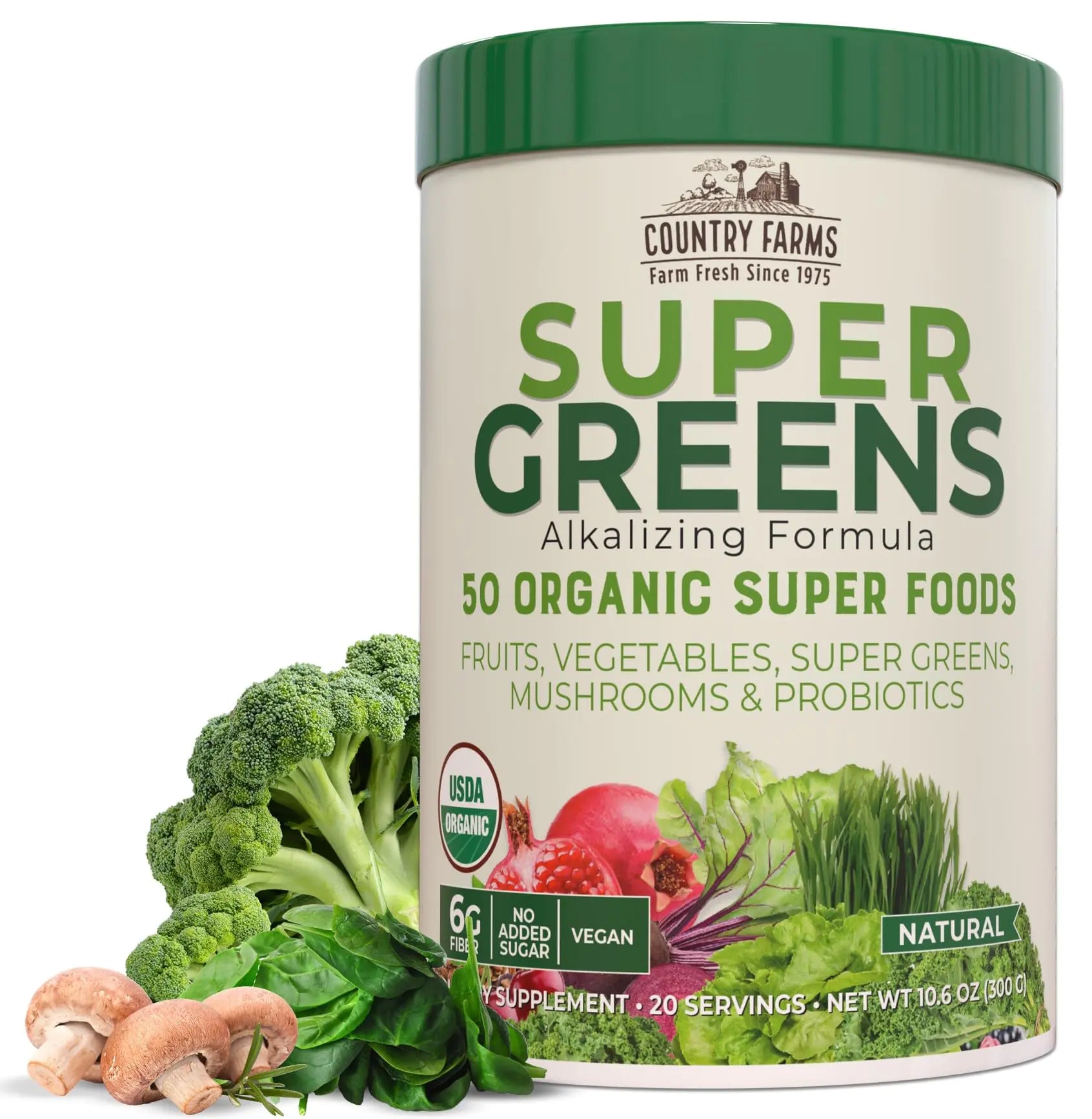 COUNTRY FARMS Organic Super Greens Natural Flavor 50 Organic Super Foods Packed with Fiber USDA Organic Drink Mix Fruits Vegetables Mushrooms & Probiotics Supports Energy 6g Fiber