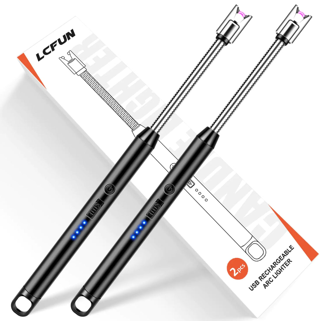 LcFun Candle Lighter Electric Arc Windproof Lighters USB Rechargeable Lighter with LED Battery Display 2 Pack Flameless Long Lighters for Candle Grill BBQ Camping Fireplace Stove (Double Black)