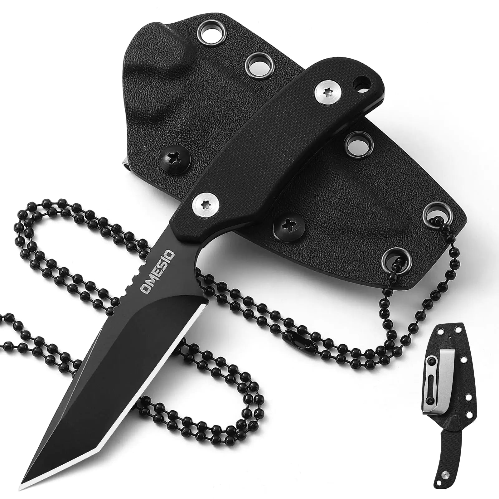 Omesio Neck Knife Small Tanto Fixed Blade Knife with Kydex Sheath and Clip Full Tang 6" Neck Knife with Sheath and Necklace Mini Tactical EDC Knife D2 Steel G10 Handle (Black Steel+ Black Handle)