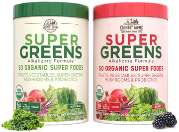 COUNTRY FARMS Super Greens Power Pack 50 Organic Super Foods Greens Powder with Probiotics for Gut Health & Bloating Relief Supports Energy Unflavored & Berry 40 Serving