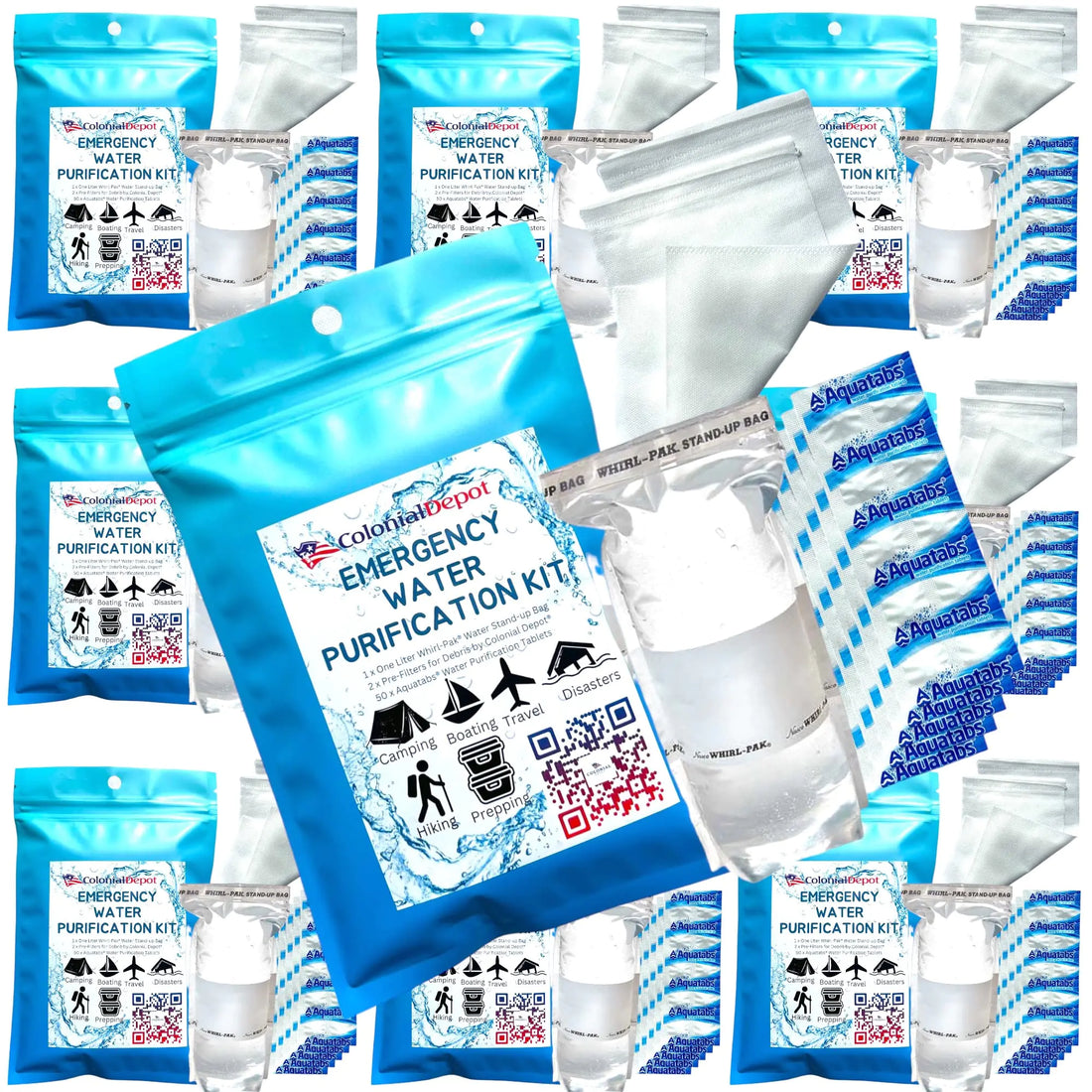 Emergency Water Purification Tablets Aquatabs 500 pk Water Purifying Tablets 10pk Whirl-Pak Water Storage & Purifier Bags 20x Prefilters for Debris Filtration Camping Must Haves (10)