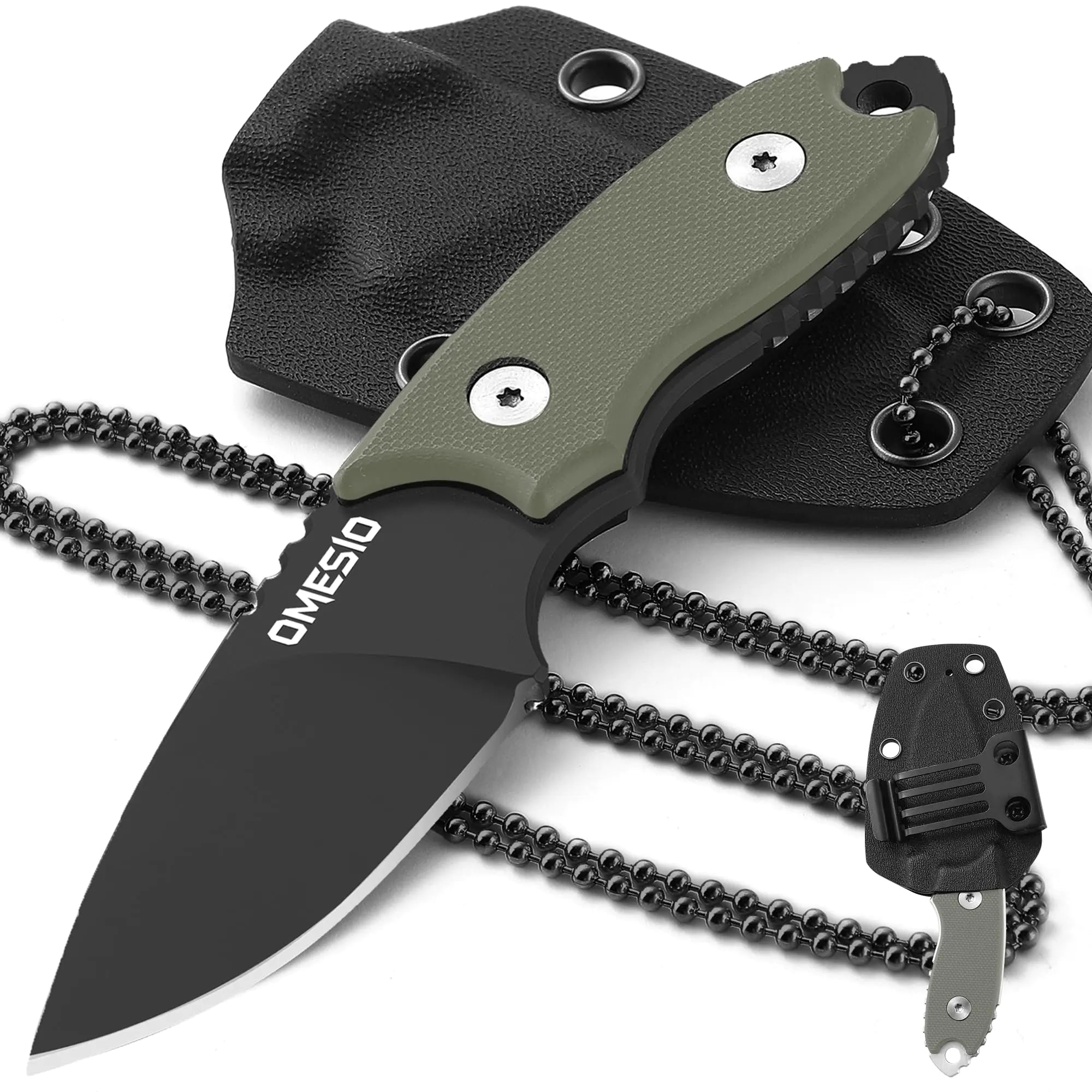 Omesio Neck Knife Neck Knife with Sheath and Necklace 5.43" Small Fixed Blad Knife Full Tang with Clip D2 Steel 2.17-Inch Blade G10 Handle for Outdoor Camping EDC（Black Blade + Green Handle）